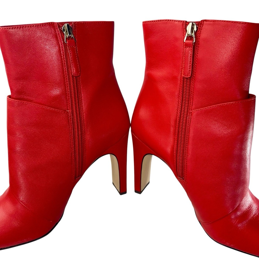 Nine West RED Leather Quitit Ankle Boots 4" Heels Pearl Safety Pin Accent 8.5M - Picture 6 of 11
